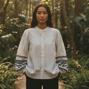 Madewell white striped button down with navy blue embroidered sleeves